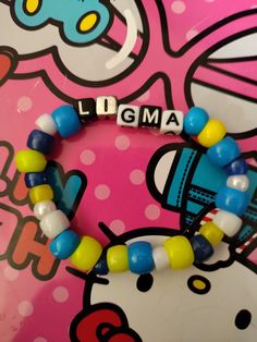 a hello kitty bracelet with the word ligma written on it and colorful beads