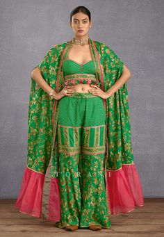 Torani-Green Mehreen Sharara Set-INDIASPOPUP.COM Jacket Sharara, Green Sharara, Silk Bralette, Sharara Designs, Indian Suit, Indian Mythology, Traditional Indian Outfits, Pink Bralette, Open Front Jacket