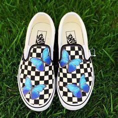 Custom made Vans slip ons!  Made with 100% Authentic Vans.  All custom designs are durable and waterproof.  Please send a message if you have any questions! Butterfly Vans, White High Top Vans, Rainbow Vans, Vans Slip Ons, Old Skool Platform, Gold Vans, Yellow Vans, Checkered Vans, Image Transfers