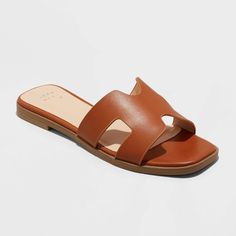 Women's Nina Slide Sandals - A New Day™ Cognac Sandals, Beach Socks, Rhinestone Flats, Spring Capsule Wardrobe, Beautiful Sandals, Footbed Sandals, Leather Sandals Flat, Rubber Shoes, Cute Sandals