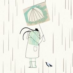 a drawing of a person holding an umbrella in the rain with a bird flying by