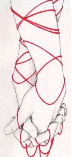 a drawing of a hand holding something with red string attached to the arm and wrist