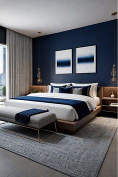 Masculine bedroom decor ideas Room Color Ideas Bedroom Men, Blue Masculine Bedroom, Room Color Ideas For Men, Modern Men’s Bedroom, Mens Room Decor Bedroom Ideas, Mens Bedroom Colors, Mens Bedroom Ideas Masculine Interior, Airbnb Aesthetic, Guys Bedroom Ideas