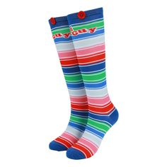 PRICES MAY VARY. Playfully Unique Design: These adult women's Chucky knee-high socks feature a vibrant rainbow stripe pattern that adds a pop of color and fun to your attire. Chucky-Themed Detailing: With blue heels and toes, along with the iconic phrase "Good Guy" and decorative buttons on the cuffs, these socks pay homage to the classic horror character in style. Premium Comfort: Crafted from a high-quality blend of 98% polyester and 2% Spandex, these socks provide a comfortable and flexible f Striped Knee High Socks, Womens Knee High Socks, Childs Play Chucky, Blue Heels, Decorative Buttons, Classic Horror, Cozy Fits, Knee High Socks, Rainbow Stripes