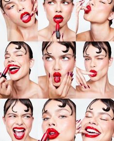 a woman with red lipstick on her lips doing different makeup poses and holding the lip brush in front of her mouth