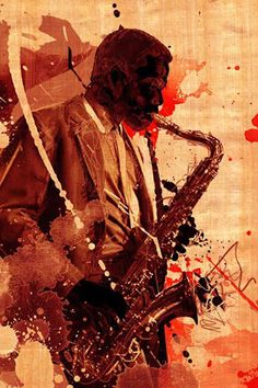 a painting of a man playing the saxophone