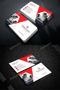 two sided business card mock up with red and white accents on the front, black background and