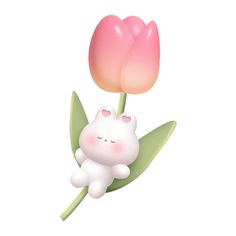 a pink flower with a white cat sitting on it's back in the middle