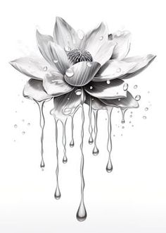 a black and white drawing of a flower with drops of water on the petals,