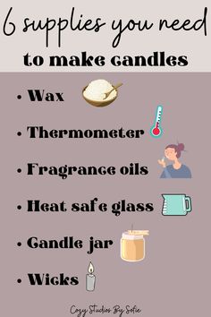 a poster with the words 6 supplies you need to make candles wax, thrommeterr