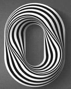 the letter o is made up of black and white stripes on a gray background with a shadow