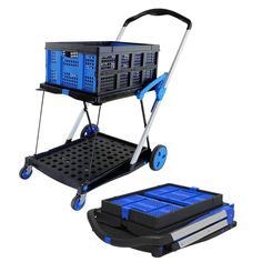 a blue and black cart with two books on it's wheels, next to an open book