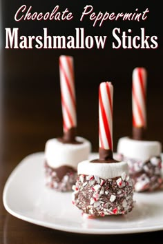 chocolate peppermint marshmallow sticks on a white plate with candy canes