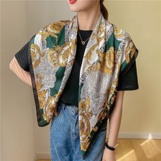 Scarf Korean, Lady Hair, Spain Fashion, Hair Headband, How To Wear A Scarf, Scarf Material, Printed Scarf, Woman Looking, Silk Shawl