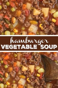 hamburger vegetable soup in a large pot with a wooden spoon and text overlay that reads hamburger vegetable soup