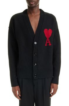 No poker face needed in this rich wool cardigan detailed with a card-inspired intarsia heart at the chest. Alexandre Mattiussi continues to blur the lines between chic and casual clothing, finding the eternal sweet spot between the two. 25" length (size Medium) Front button closure V-neck Long sleeves Ribbed cuffs and hem 100% wool Hand wash, dry flat Made in Bulgaria Designer Clothing Wool Cardigan, Black And Red, Two By Two, Nordstrom, V Neck, Casual Outfits, Wool, Long Sleeve, Clothes Design