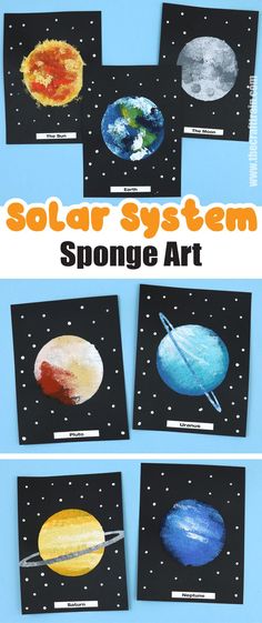 artworks of the planets of our solar system created using sponge painting Solar System Projects Ideas, Planets Template Free Printable, Solar System Art Project, Learning About Space Preschool, Saturn Crafts Preschool, Solar System Arts And Crafts, Planets Painting Easy, Solar System Art Preschool, Saturn Activities