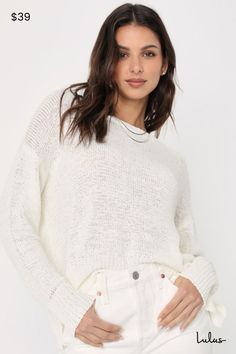 Grace everyone with your good energy in the Lulus Positive Presence Ivory Loose Knit Sweater! Medium-gauge loose knit shapes this must-have pullover sweater that has a rounded neckline, long sleeves with drop shoulders, and a relaxed-fit bodice. Notched hem creates a high-low effect for a stylish finishing touch! Fit: This garment fits true to size. Length: Size medium measures 23.5" from shoulder to hem. Bust: Great for any cup size. Waist: Not Fitted - comfortable room throughout midsection. Undergarments: May be worn with any standard bra. Fabric: Fabric is very stretchy. Unlined. Top Measures 2. 5" Longer At Back. 65% Acrylic, 35% Nylon. Hand Wash Cold. Do Not Bleach. Line Dry. Iron Low Heat. Imported. Lulus | Positive Presence Ivory Loose Knit Sweater. Sweaters Knitted, Loose Knit Sweater, Turtleneck Sweaters, Lulu Fashion, Stripe Outfits, Loose Knit Sweaters, Textured Sweater, Loose Knit, Good Energy