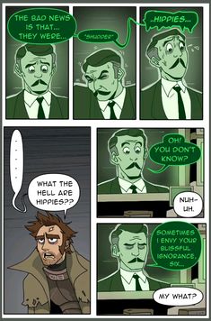 a comic strip with an image of a man in a suit and tie talking to another person