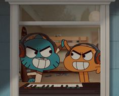 two cartoon characters with headphones on in front of a piano and keyboard, looking out the window