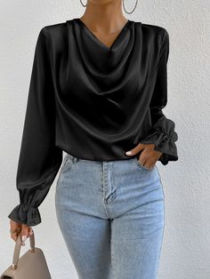 Negro Elegante Collar manga larga Satén Liso Top Embellished No-Elástico Silk Top Outfit Classy, Black Satin Shirt Outfit, Silk Top Outfit, Silk Tops For Women, Black Satin Shirt