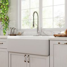 a white kitchen sink sitting under a window next to a counter top with green plants growing on it