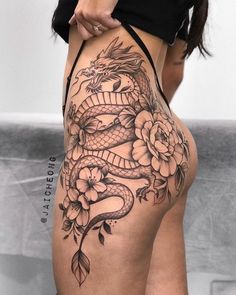 Dragon Tattoo With Flowers For Women Leg, Dragon Tattoo Legs Women, Hip Buttocks Tattoos Women, Dragon Tattoo Side Thigh, Thigh Dragon Tattoo For Women, Side Thigh Tattoos Women Baddie, Full Thigh Tattoo Women, Thigh Tattoos Women Dragon, Dragon Tattoo For Women Thighs