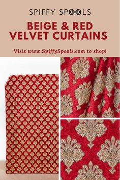 red velvet curtains with gold and white designs on them, the text below reads'beje & red velvet curtains visit new splits com to shop