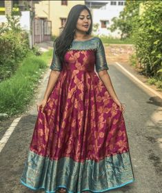 Saree Gown Design Ideas, Saree One Piece Dress Design, Saree Umbrella Dress, Long Frock With Pattu Saree, Saree To Long Frock Designs, Frock From Saree Ideas, Indian Long Frocks With Sarees, Saree Long Frock Designs Latest