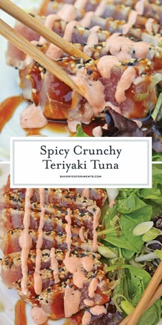 spicy crunchy teriyaki tuna on a white plate with chopsticks and greens