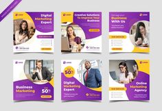 a set of four business banners with people on the phone and in front of them