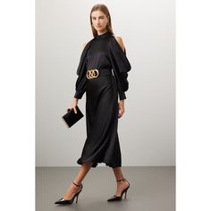 Black crepe (100% Polyester). A-line. Long sleeves. Off the shoulder. Back zipper closure. 50" from shoulder to hemline. Made in the USA of imported fabric. Midi Gown, Fab Frocks, Midi Gowns, High Fashion Looks, Gown Black, Halter Neck Dress, Halterneck Dress, Halter Neck, Mock Neck