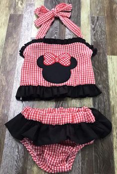 Ready to ship. Please allow 2-4 weeks to ship Minnie Mouse Swimsuit, Swimsuit 2 Piece, Red Checkered, 2 Piece Swimsuits, Clothes To Make, Minnie Mouse, Two Piece Skirt Set, Boutique, Clothes