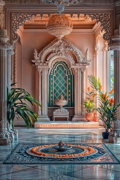 an elaborately decorated room with a fountain and potted plants on the floor in front of it