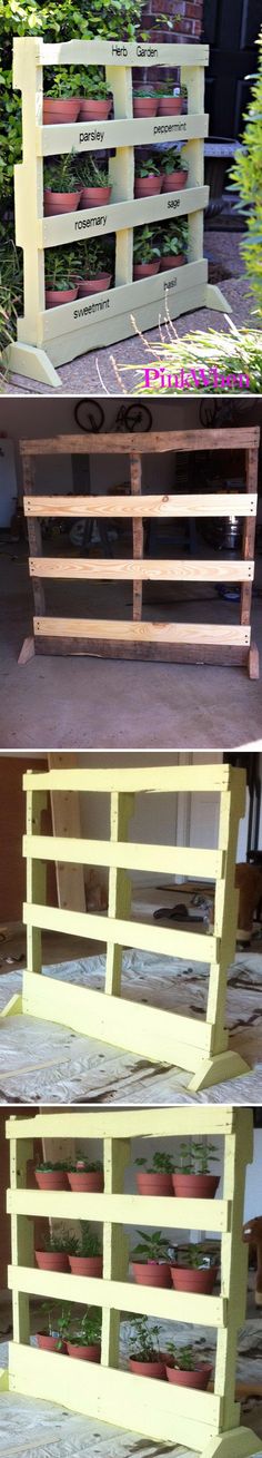 three different types of wooden pallets stacked on top of each other with plants growing in them