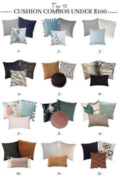 pillows with different colors and designs on them, including the words cushion combos under $ 100