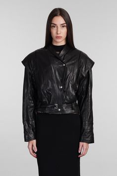 Yukito Biker jacket in black leather, V neck, long sleeves, buttons placed on the right edge , belt waist, structured shoulders, silver hardware, 100% leather, fully lined, 100% Viscose, Made in Turkey, Model is 180 cm and wears 36 Wang Dress, Pleats Please Issey Miyake, Sneaker Wedge, French Fashion, Fashion Labels, Best Brand, Biker Jacket, Silver Hardware, Dress To Impress