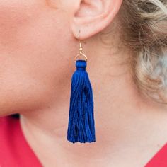 These handmade tassel earrings will make a big style impact, whether you’re wearing them with jeans and a t-shirt or with a dress. At less than one-tenth of an ounce, Libby & Smee statement earrings feel virtually weightless!+ super lightweight cotton tassel in cobalt blue+ gold-plated or silver-plated stainless steel ear wire hooks (lead-free and nickel-free)+ comes with plastic earring back for security+ LONG is 3.25 inches and MINI is 2.5 inches from the top of the ear wire    (each piece Blue Tassel Drop Earrings, Blue Dangle Earrings With Latkans, Blue Drop Earrings With Latkans, Blue Latkan Drop Earrings, Elegant Blue Fringe Jewelry, Blue Dangle Tassel Earrings With Fringe, Blue Fringe Drop Earrings, Blue Fringe Tassel Drop Earrings, Blue Fringe Earrings As Gift