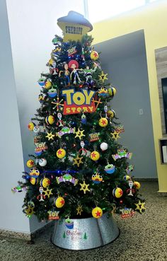 a toy story christmas tree in an office