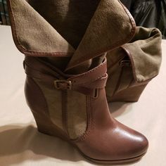 Frye Corby Strappy Wedge Boots (Foldover) Canvas & Leather Size 8.5 - New! Strappy Wedges, Frye Shoes, Wedge Boots, Womens Shoes Wedges, Green Brown, Canvas Leather, Shoes Wedges, Green And Brown, Wedge Shoes