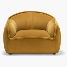 a yellow chair with an oval shaped back and foot rests on a white surface,