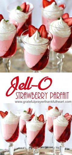 strawberry parfait in small glasses with whipped cream and strawberries on the rim