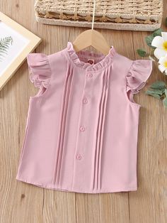 Pink Cute  Cap Sleeve Polyester Plain Shirt Embellished Slight Stretch  Toddler Girls Clothing Baby Girl Shirts Designs, Girls Shirts Design, Girl Shirt Design, Kids Shirts Design, Kids Blouse