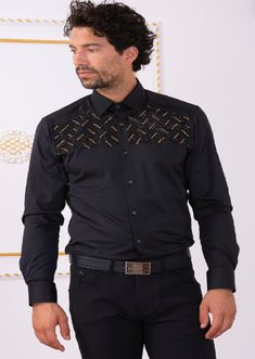 Limited edition- One of a kind Upper front panel 2-tone rhinestone detailed Eye-catching studded rhinestone detailed shirt. A modern shirt with an unexpected edge. This white cotton shirt from Mondo is embellished with gold rhinestone. Looking sharp Your style status can’t be messed with, and this shirt from Mondo makes that clear. Adorned with gold-tone rhinestones, this piece will toughen up any casual look A new and versatile wardrobe staple, great for under the blazer for dinner, party and s Black Embellished Shirt For Party, Elegant Black Embellished Shirt, Elegant Party Shirt With Rhinestones, Elegant Long Sleeve Shirt With Rhinestones, Embellished Long Sleeve Shirt For Formal Occasions, Designer Embellished Fitted Shirt, Formal Long Sleeve Shirt With Embellished Collar, Designer Embellished Cotton Shirt, Fitted Long Sleeve Rhinestone Shirt