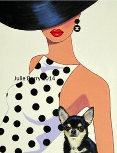 a painting of a woman with a black and white polka dot dress holding a small dog