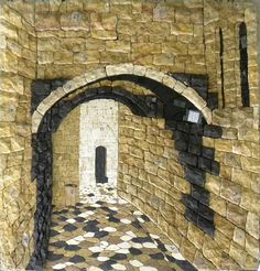 an artistic painting of a stone tunnel with black and white tiles on the floor,