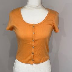 Newest Tags, Forever 21 Orange Pointelle Short Sleeve 90s Style Button Down Cardigan Top, Size Small. Bundle Together With Other Items For A Big Discounted Offer Trendy Spring Tops With Buttons, Basic Button-up Spring Tops, Spring Crew Neck Top With Button Closure, Trendy Spring Tops With Button Closure, Trendy Tops With Buttons, Trendy Tops With Snap Buttons For Fall, Trendy Fall Tops With Snap Buttons, Trendy Cropped Top With Buttons, Trendy Cropped Tops With Buttons