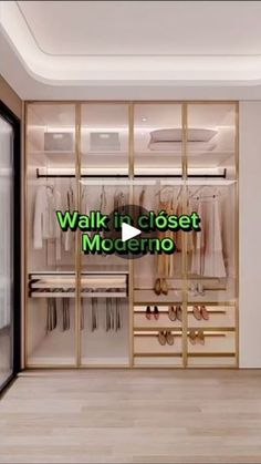 a walk in closet with clothes on hangers and shoes hanging from the ceiling, along with text that reads walk in closet modeno