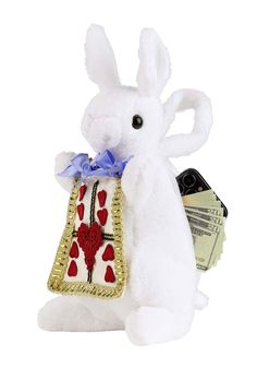 a white stuffed rabbit holding a purse and money