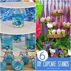 there are 6 diy cupcake stands with fish in them and blue vases